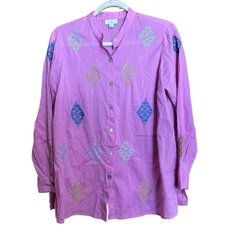 J Jill Top Womens Small Petite Pink Damask Embroidered Button Up Cotton Blouse